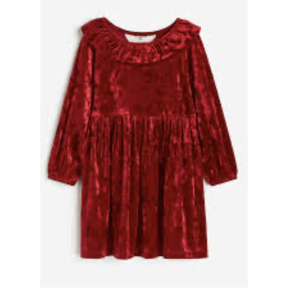 H&M Crushed Velvet Dress Girls Size 6/7 Red Long Sleeve Ruffle Stretch Holiday